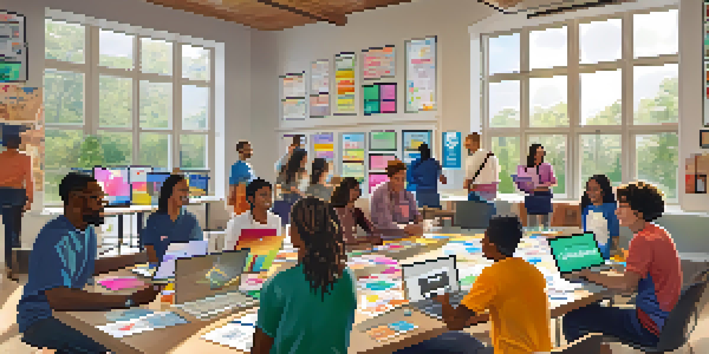 A diverse group of students discussing their Open Badges with laptops and certificates on a bright table.