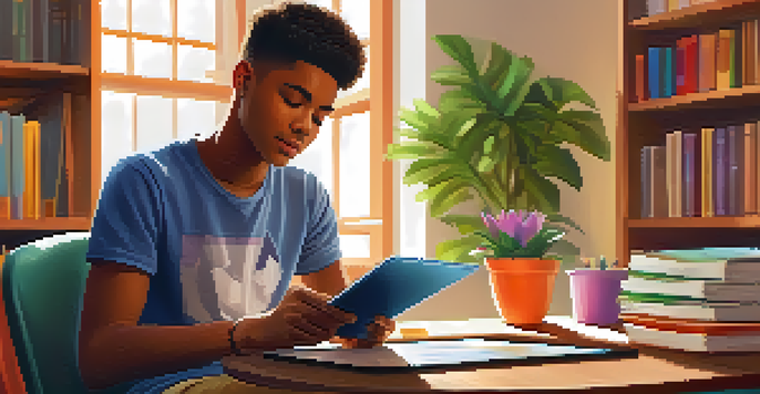 A teenager at a desk using a budgeting app on a tablet, surrounded by a cozy room filled with books and sunlight.