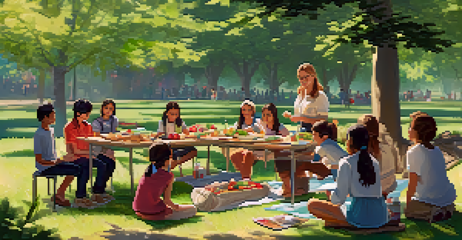 Students learning language outdoors in a park, discussing vocabulary related to food and nature during a picnic setup.
