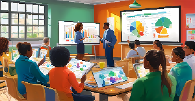 A classroom with educators participating in a training session on learning analytics, surrounded by colorful charts and graphs.