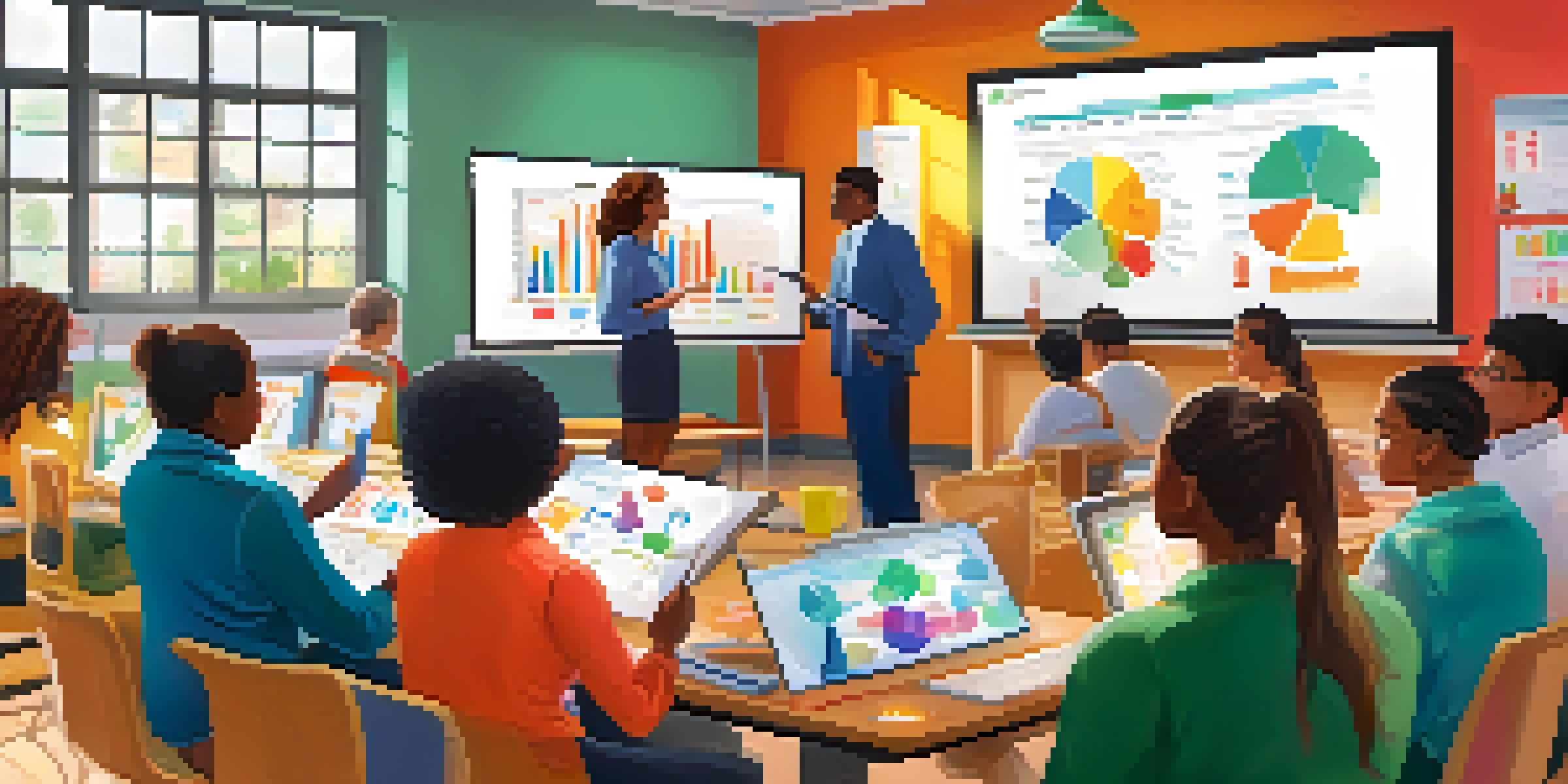 A classroom with educators participating in a training session on learning analytics, surrounded by colorful charts and graphs.