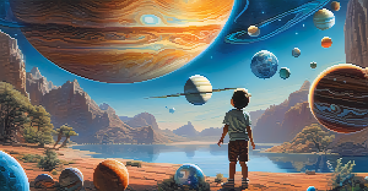 A child in an outdoor setting interacting with a floating holographic solar system, looking amazed.