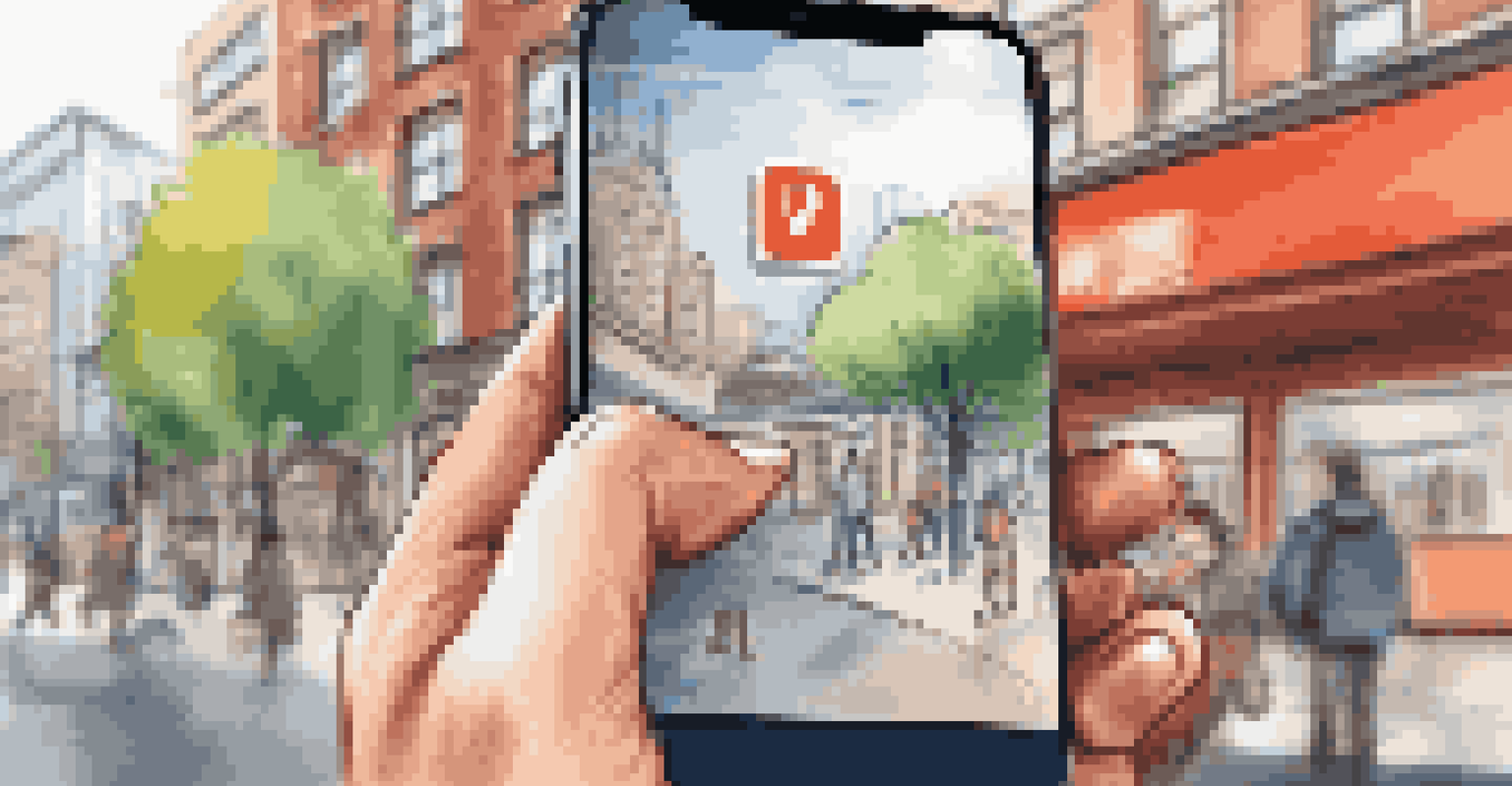 A close-up of a hand using a smartphone with an educational app, set against a blurred urban background.