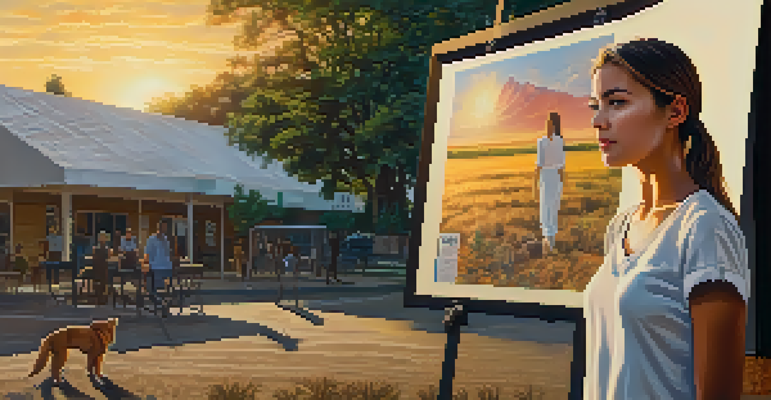 A young woman passionately sharing her climate change story in front of a large poster, with sunset lighting enhancing the emotional impact.