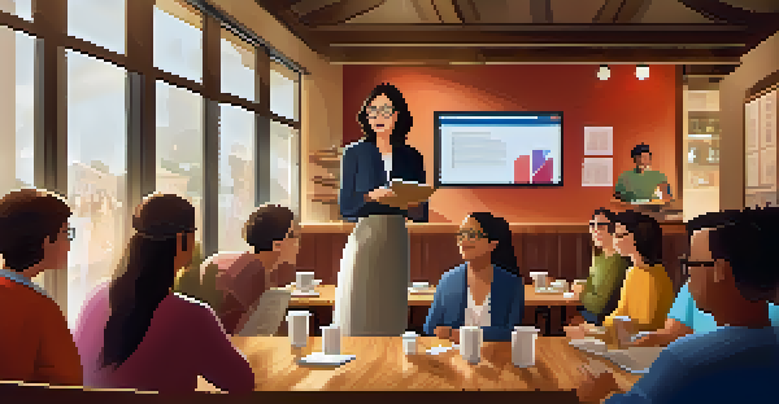 A female entrepreneur demonstrating a learning app in a cozy café, surrounded by an interested audience.