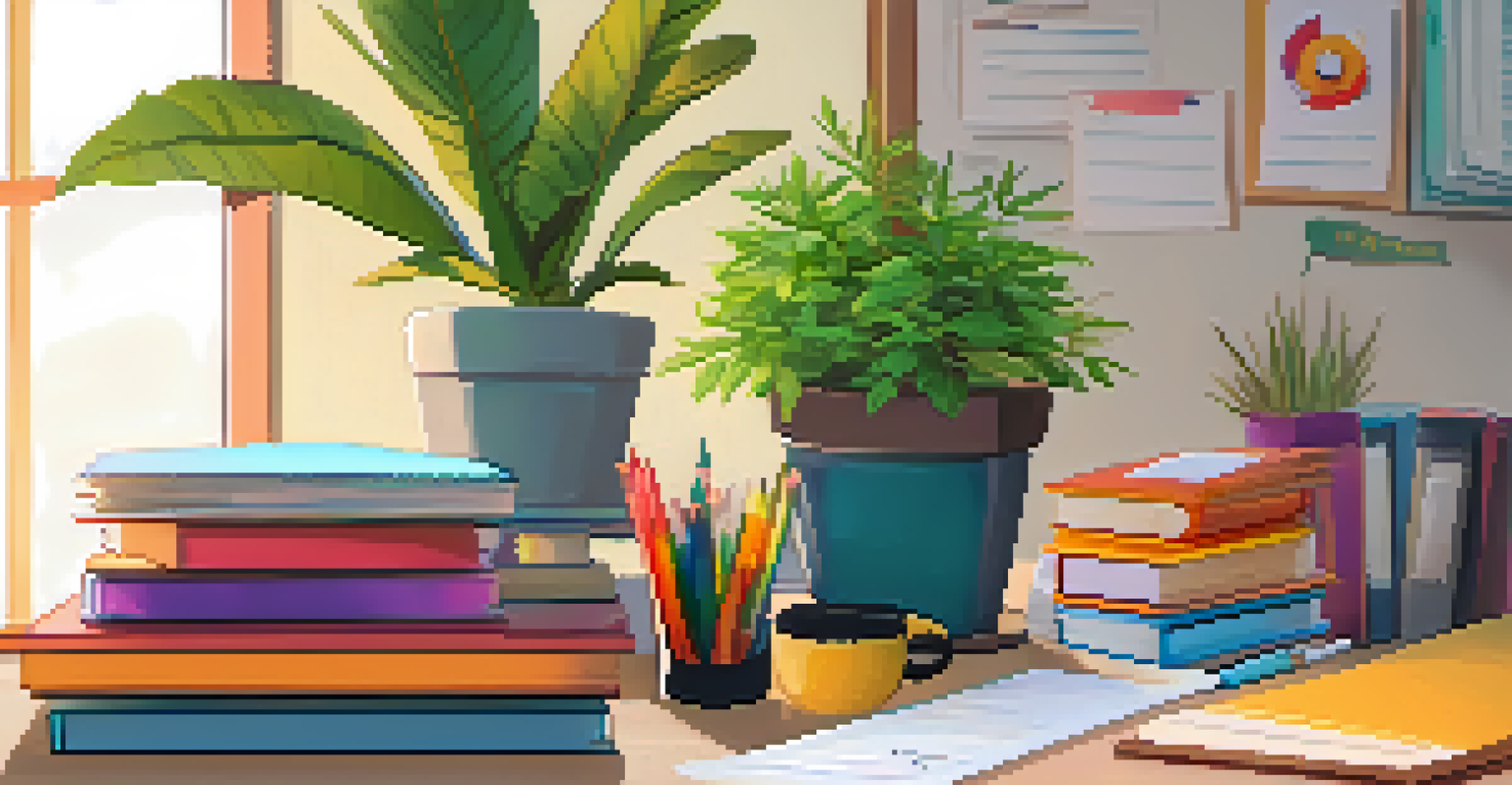 A teacher's desk with resilience training materials, including books and a calming plant, emphasizing well-being.
