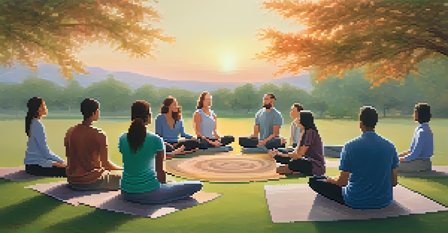 A group of diverse teachers meditating outdoors during a mindfulness session, surrounded by nature and a pastel sunset sky.