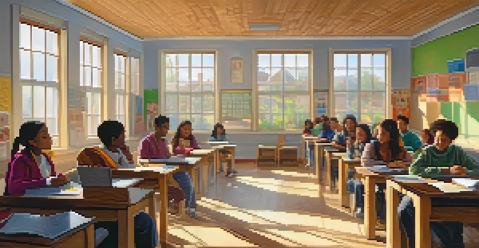 A diverse group of students practicing pronunciation in a cozy classroom, with a laptop and phonetic symbols on the walls.