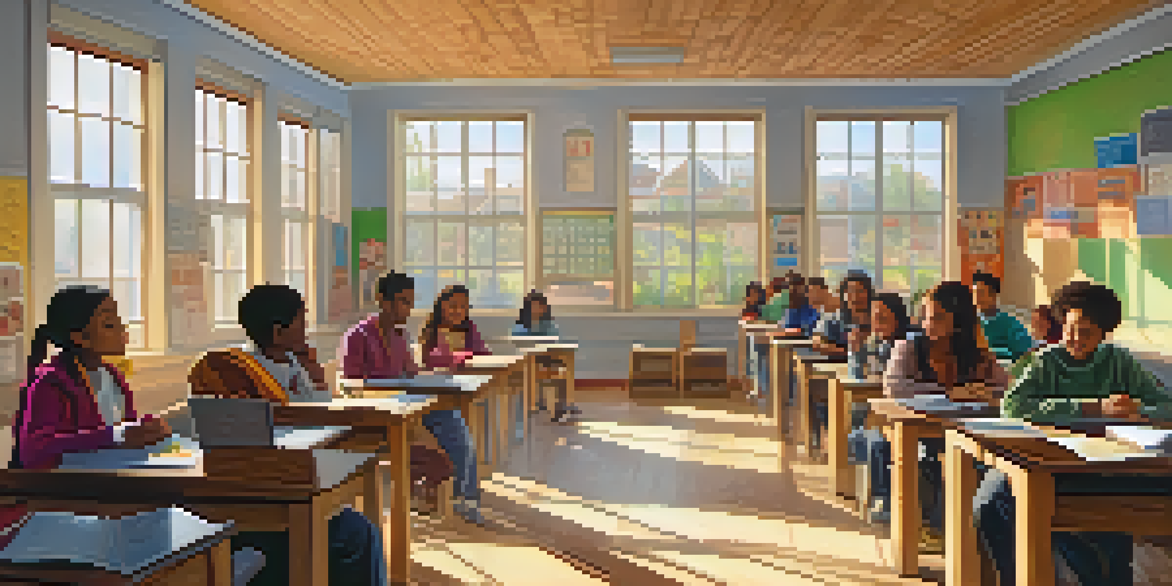 A diverse group of students practicing pronunciation in a cozy classroom, with a laptop and phonetic symbols on the walls.