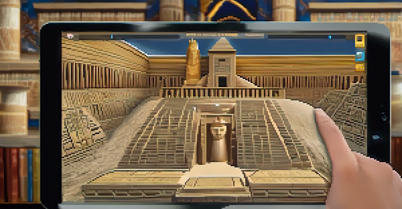 A student holding a tablet that displays a 3D model of an Egyptian artifact, with a traditional classroom setting in the background.