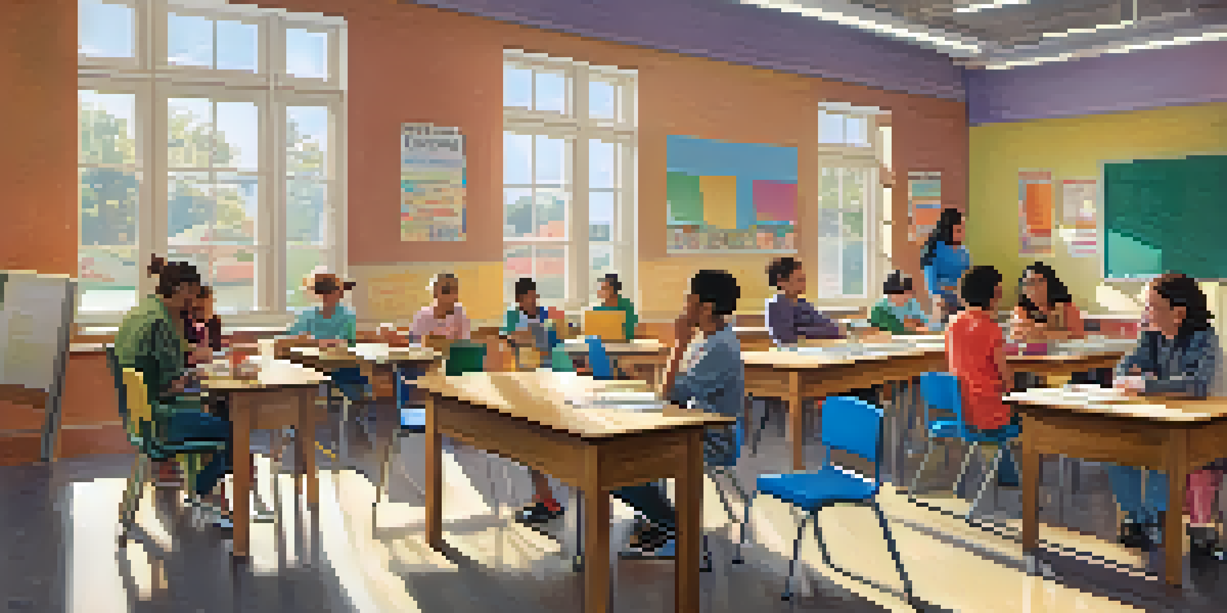 A bright classroom with parents and teachers engaged in conversation during a meeting, with educational posters and natural light.