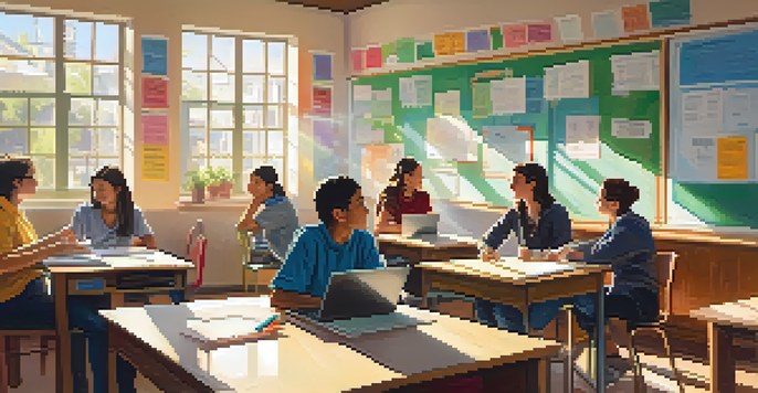 A lively classroom with students collaborating around a table, laptops open, and a teacher guiding discussions, illuminated by sunlight.