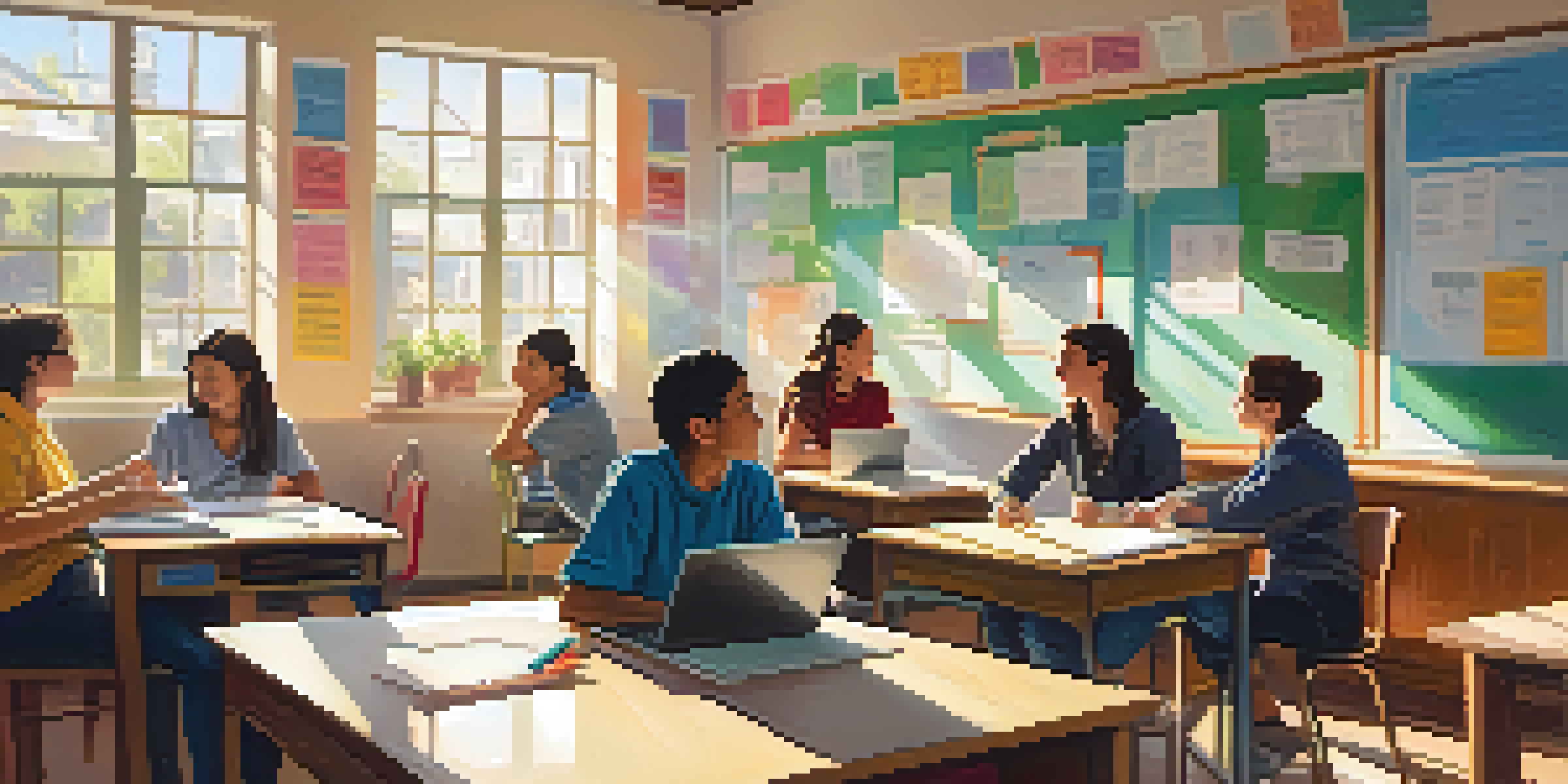 A lively classroom with students collaborating around a table, laptops open, and a teacher guiding discussions, illuminated by sunlight.