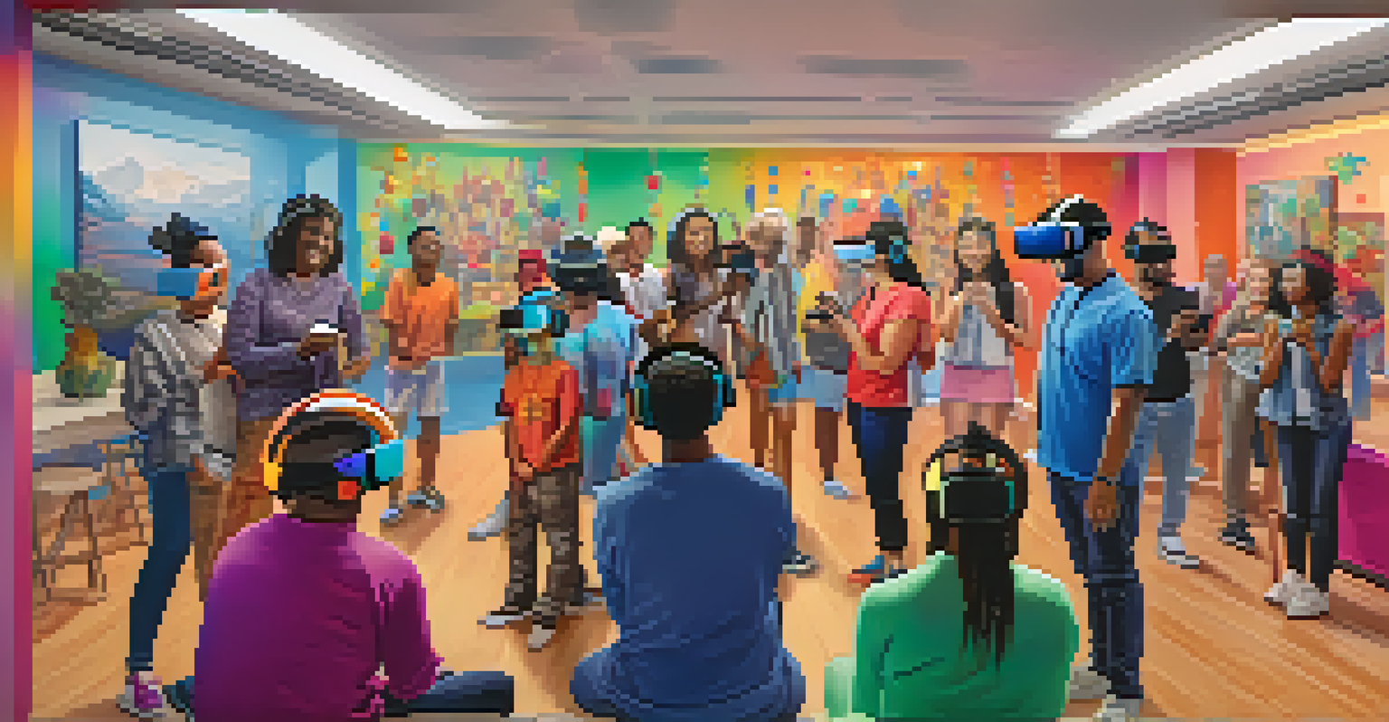 A diverse group of people at a community center engaging with VR technology, smiling and sharing experiences in a colorful environment.