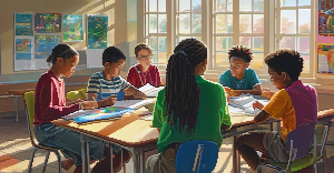 A classroom with diverse students learning about media literacy, engaging in group discussions, and using tablets under sunlight.