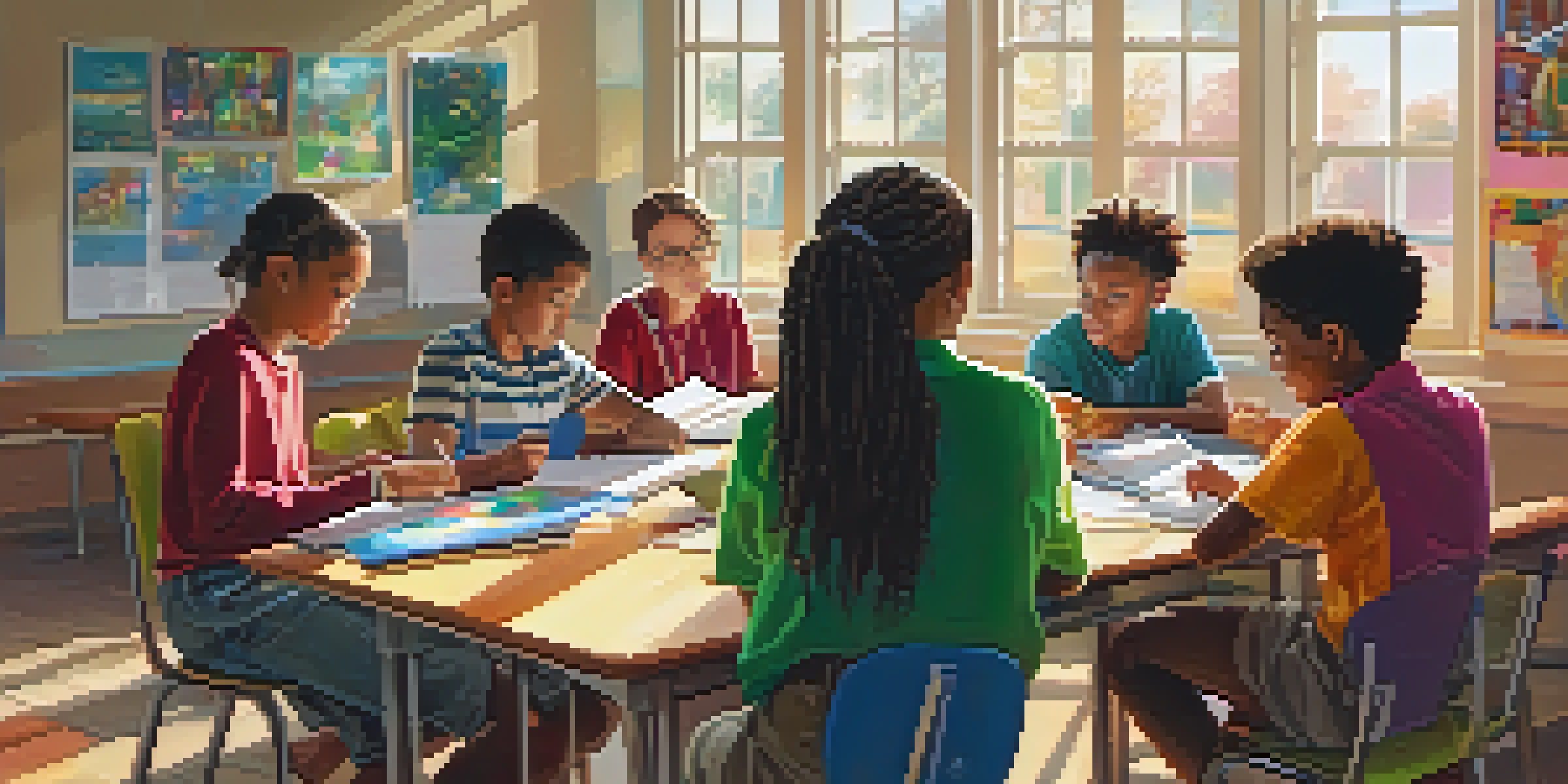 A classroom with diverse students learning about media literacy, engaging in group discussions, and using tablets under sunlight.