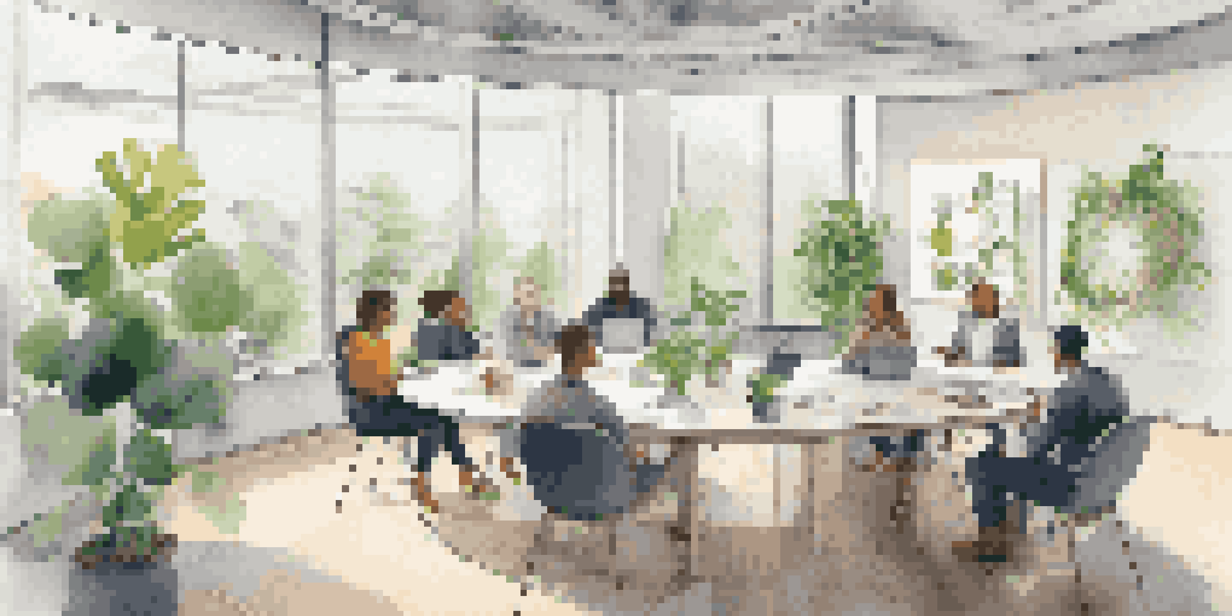 A diverse group of employees in a bright office discussing 360-degree feedback around a circular table.