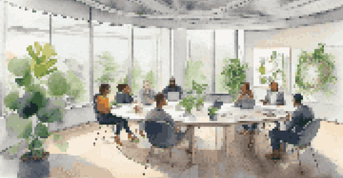 A diverse group of employees in a bright office discussing 360-degree feedback around a circular table.