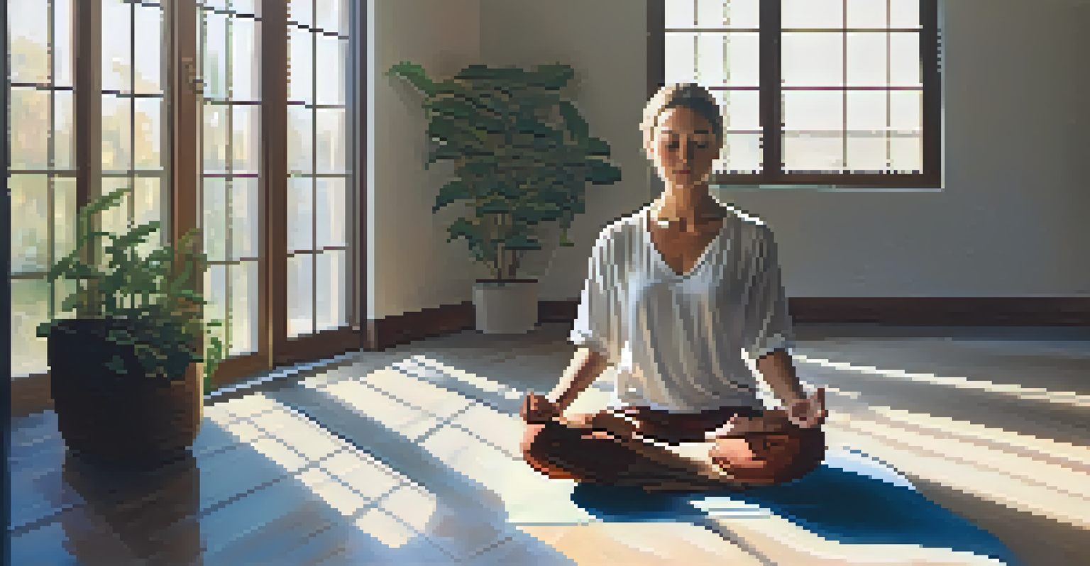 An adult learner seated on a yoga mat practicing mindfulness with closed eyes in a sunlit room.