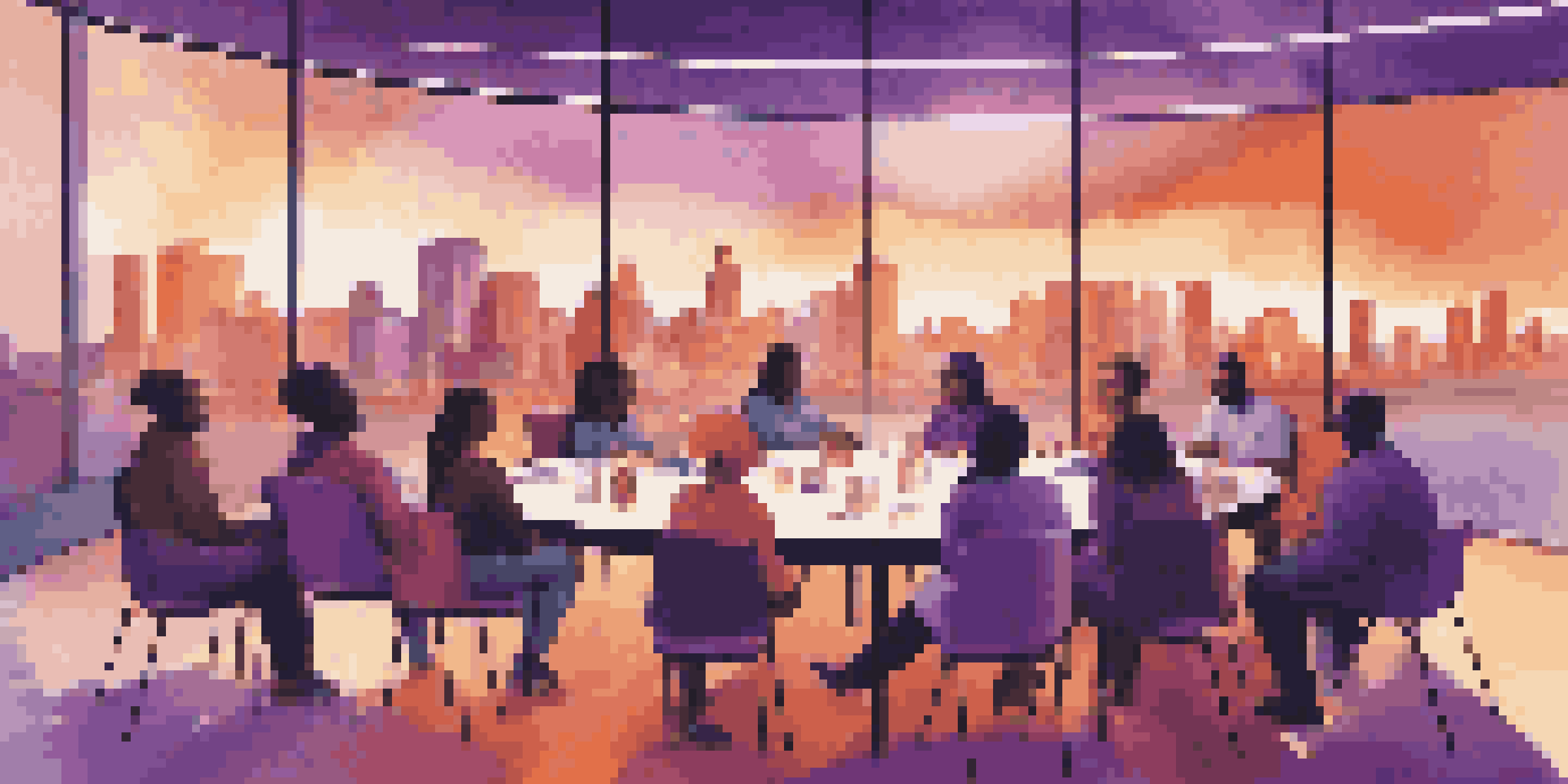 A diverse group of people sitting around a circular table engaged in discussions about technology access, with colorful posters in the background and a sunset skyline.