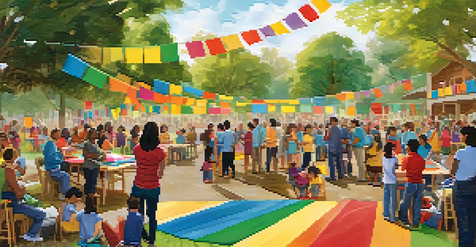 A community workshop with parents learning about blended learning, while children play in the background, set in a colorful outdoor environment.
