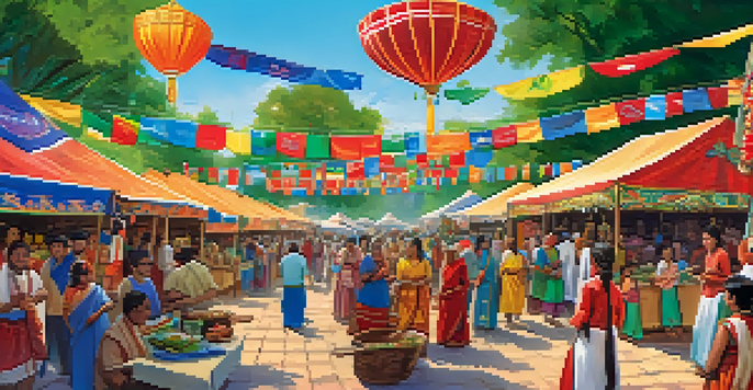 A lively cultural festival with diverse people interacting, stalls displaying various cuisines, and colorful decorations under a sunny sky.
