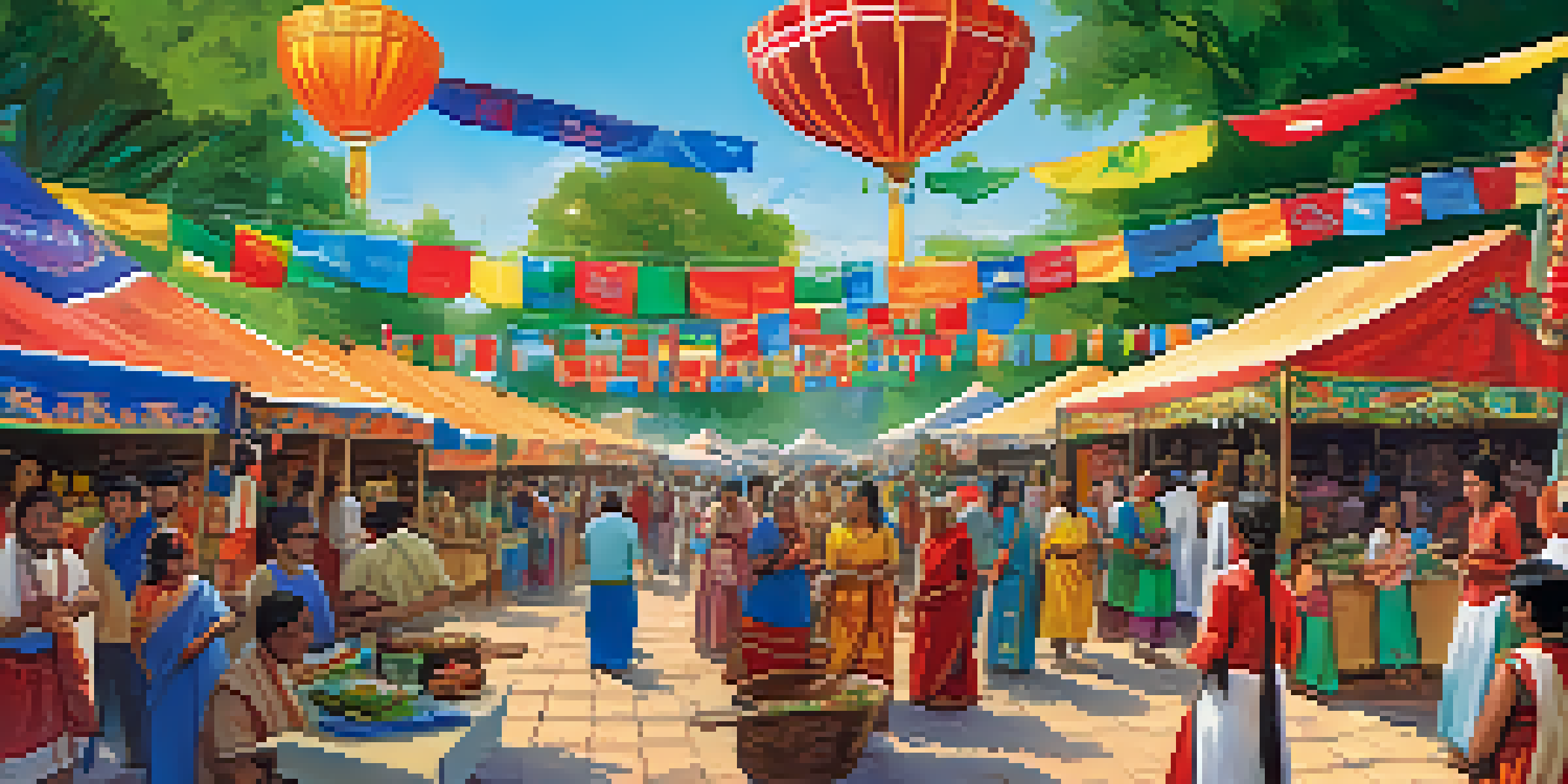A lively cultural festival with diverse people interacting, stalls displaying various cuisines, and colorful decorations under a sunny sky.