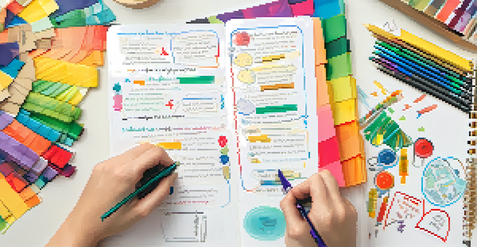 A close-up of a person writing in a journal for self-assessment, with colorful pens and motivational stickers.