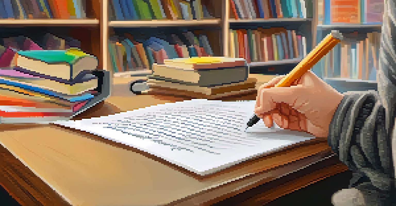 A teacher writing detailed feedback on a student's assignment with the student looking pleased in the background.