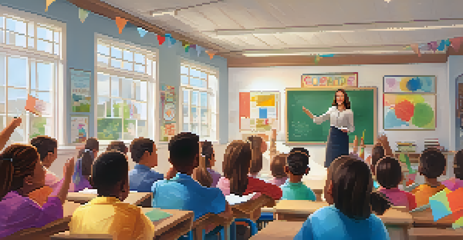 A teacher proudly recognizing a student's achievement in a decorated classroom, surrounded by applauding classmates.