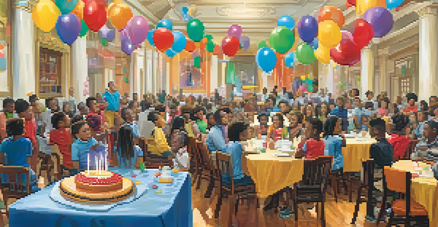 A celebration event with mentors and mentees in a decorated hall, sharing smiles and achievements together.