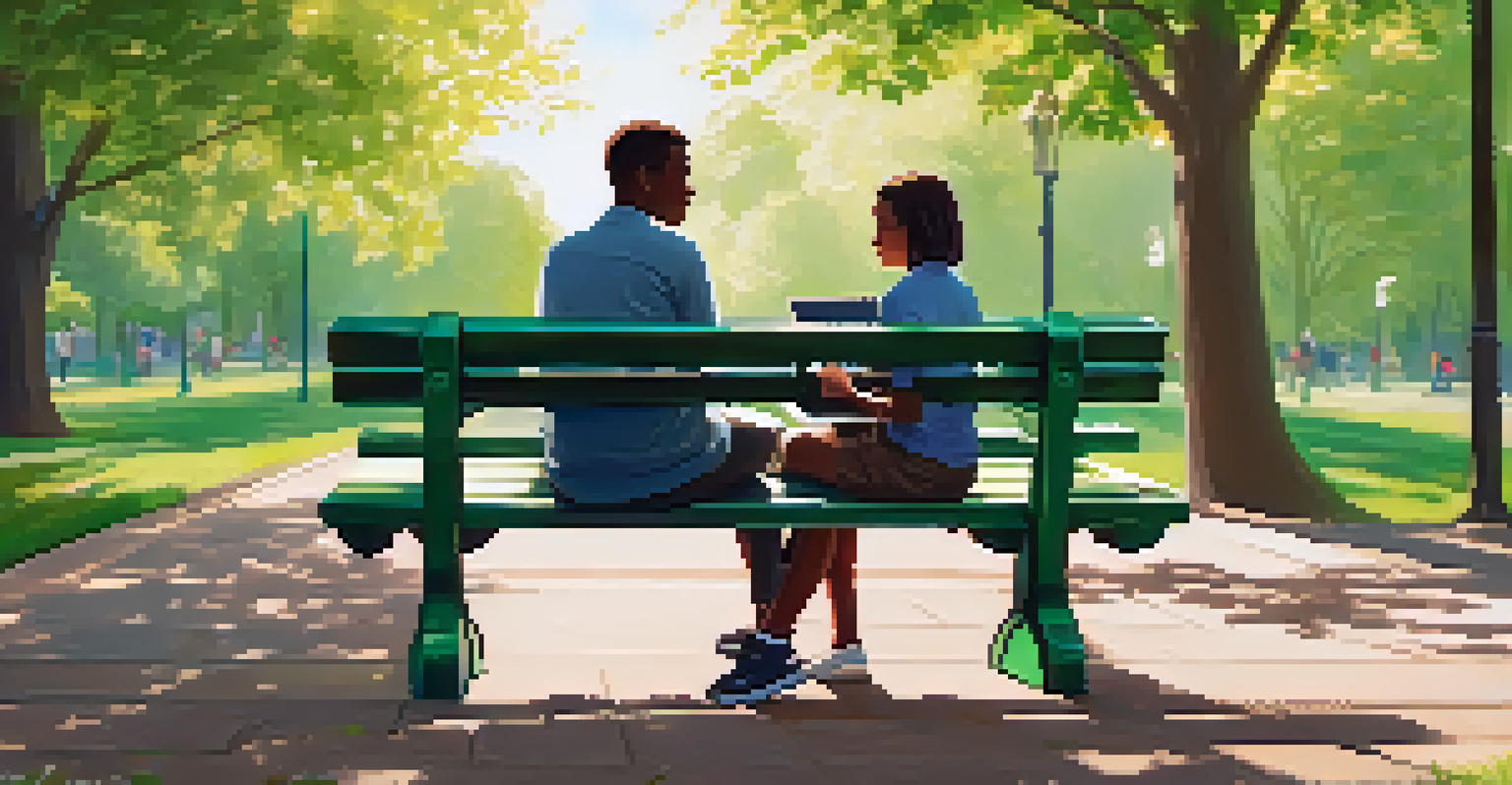 A mentor and mentee discussing online safety on a laptop in a peaceful park setting.