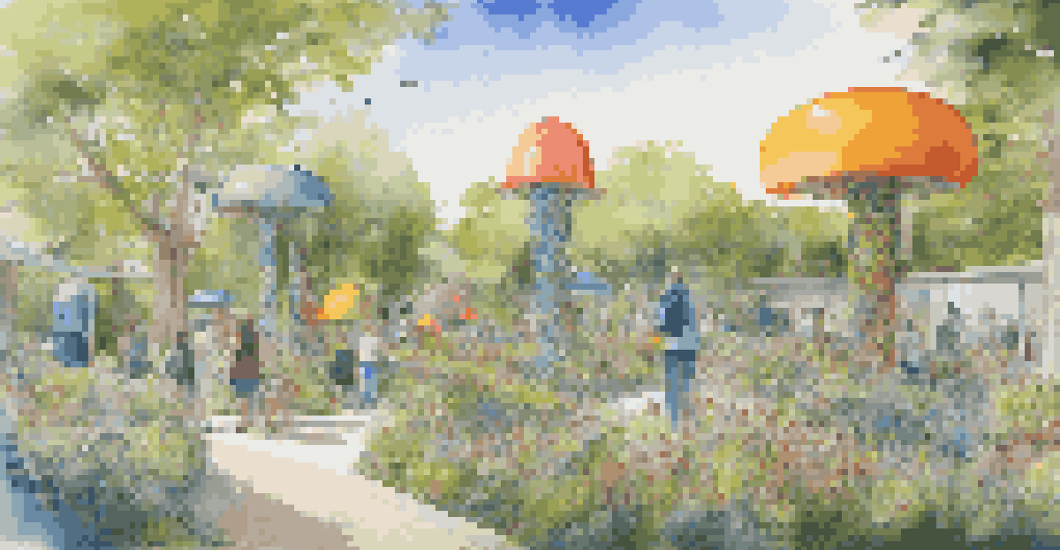 An outdoor art installation made from recycled materials, depicting ecosystems in a garden setting.