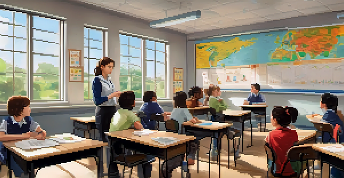 A bright classroom with a teacher and engaged students, surrounded by visual aids and a collaborative atmosphere.