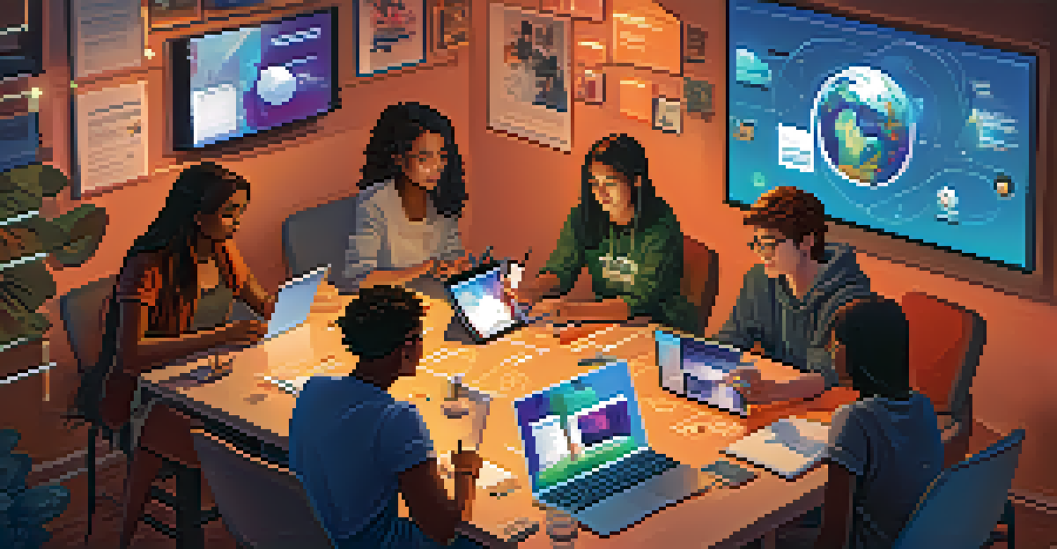 Students collaborating on a project with laptops and tablets, surrounded by social media icons and educational themes in the background.