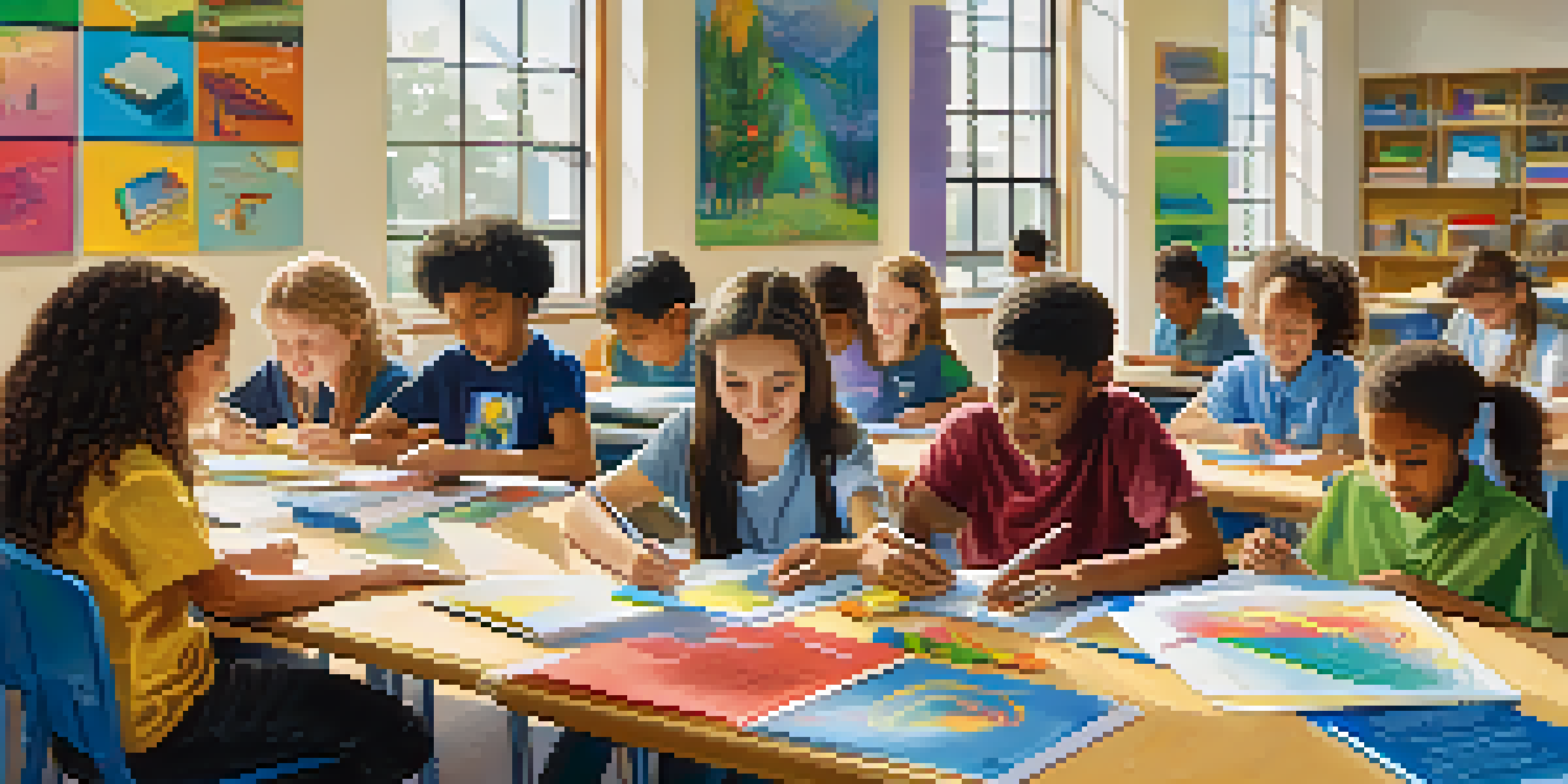 A bright classroom with diverse students working together on projects, surrounded by educational materials and natural light.