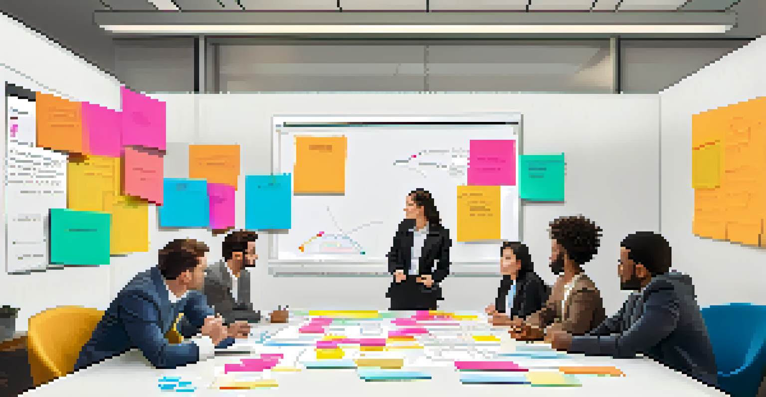 A diverse team brainstorming around a whiteboard filled with colorful notes and diagrams.