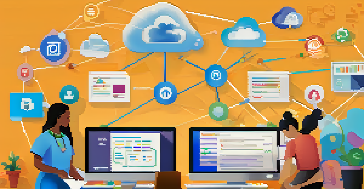 A digital interface showcasing cloud-based collaborative tools like Google Drive and Microsoft Teams, symbolized by colorful icons and a cloud motif.
