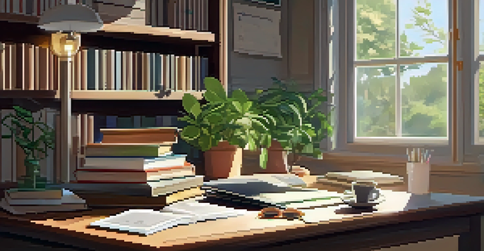 A cozy study area with a wooden desk, books, a laptop, and a cup of coffee, illuminated by sunlight.