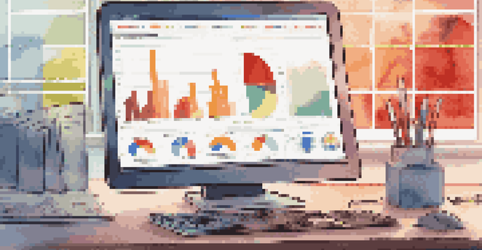 A computer screen showing colorful data analytics graphs with glasses next to the keyboard in a cozy study environment.