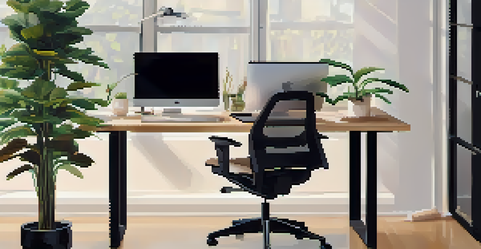A modern workspace featuring a standing desk and a balance ball chair, promoting active breaks.