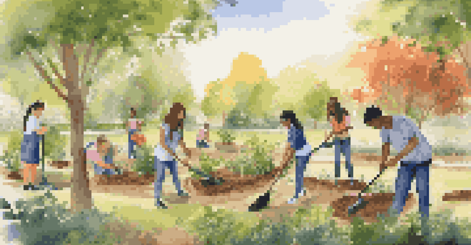 Students participating in a community project, planting trees and cleaning a park, with a beautiful sunset in the background.