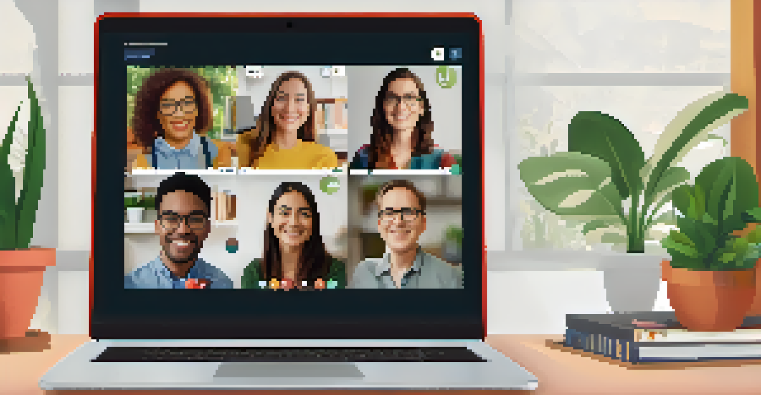 Close-up of a laptop screen showing an online platform for teachers, with participants' faces in a video call and a cozy home office in the background.