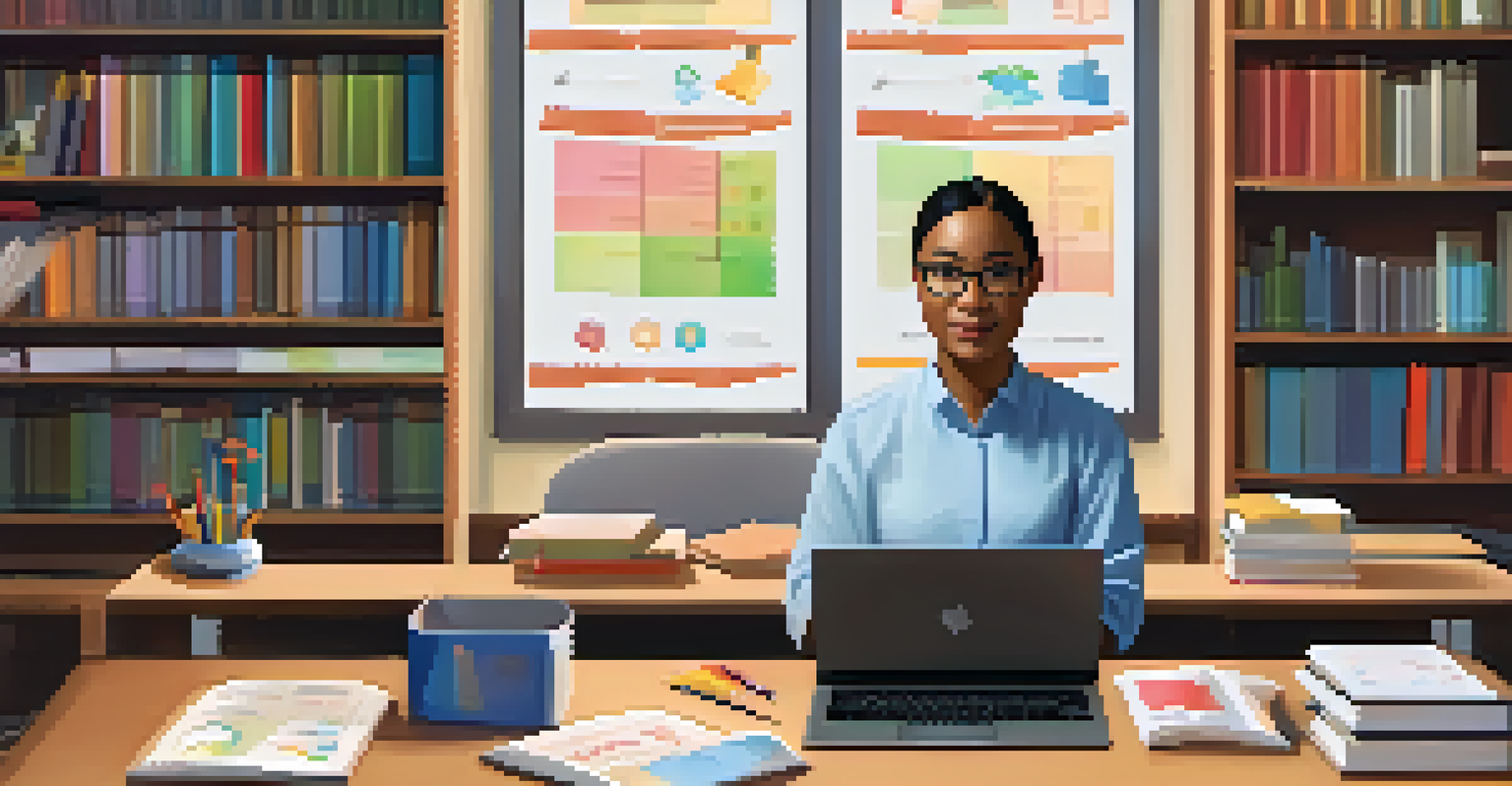 A teacher utilizing AI tools for lesson planning in a cozy classroom setting filled with educational resources.