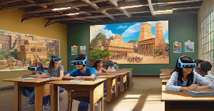 A bright classroom with students wearing virtual reality headsets, exploring a 3D model of an ancient city, showcasing diversity and engagement.