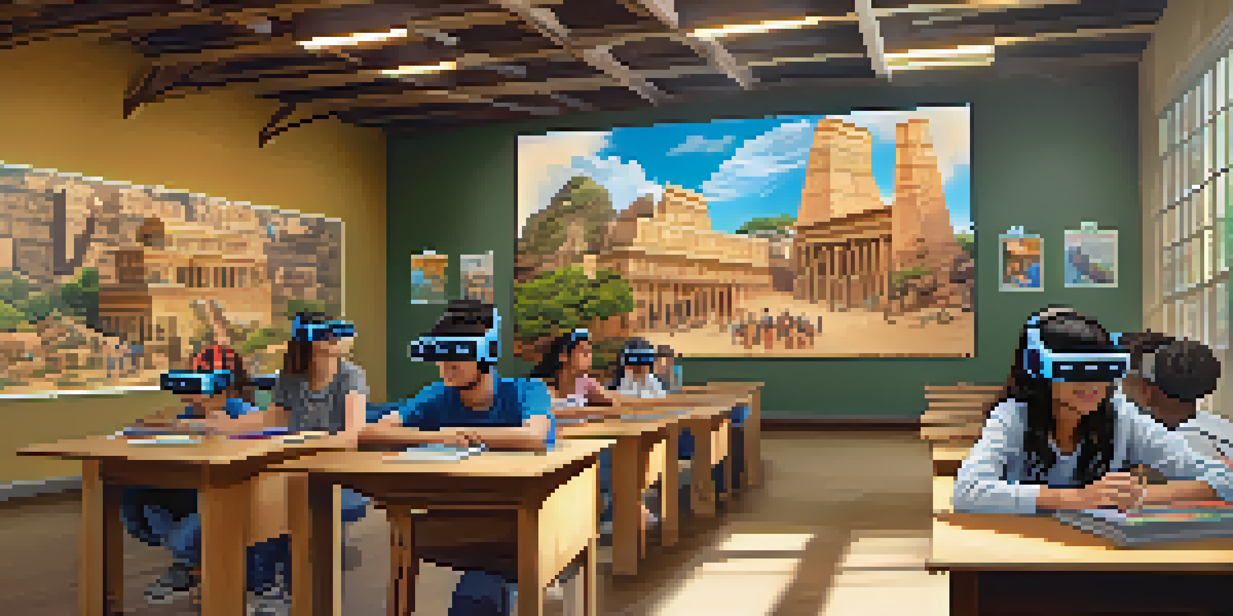 A bright classroom with students wearing virtual reality headsets, exploring a 3D model of an ancient city, showcasing diversity and engagement.