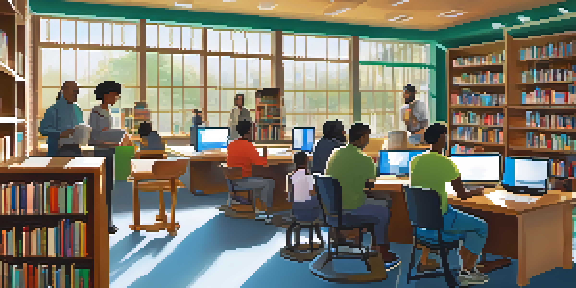 A community library with people of different ages using computers, sunlight illuminating the space, and a digital literacy workshop in the background.