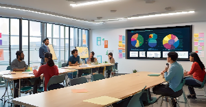 A diverse group of learners engaged in an animated discussion around a table in a bright classroom, with a digital screen showing a video.