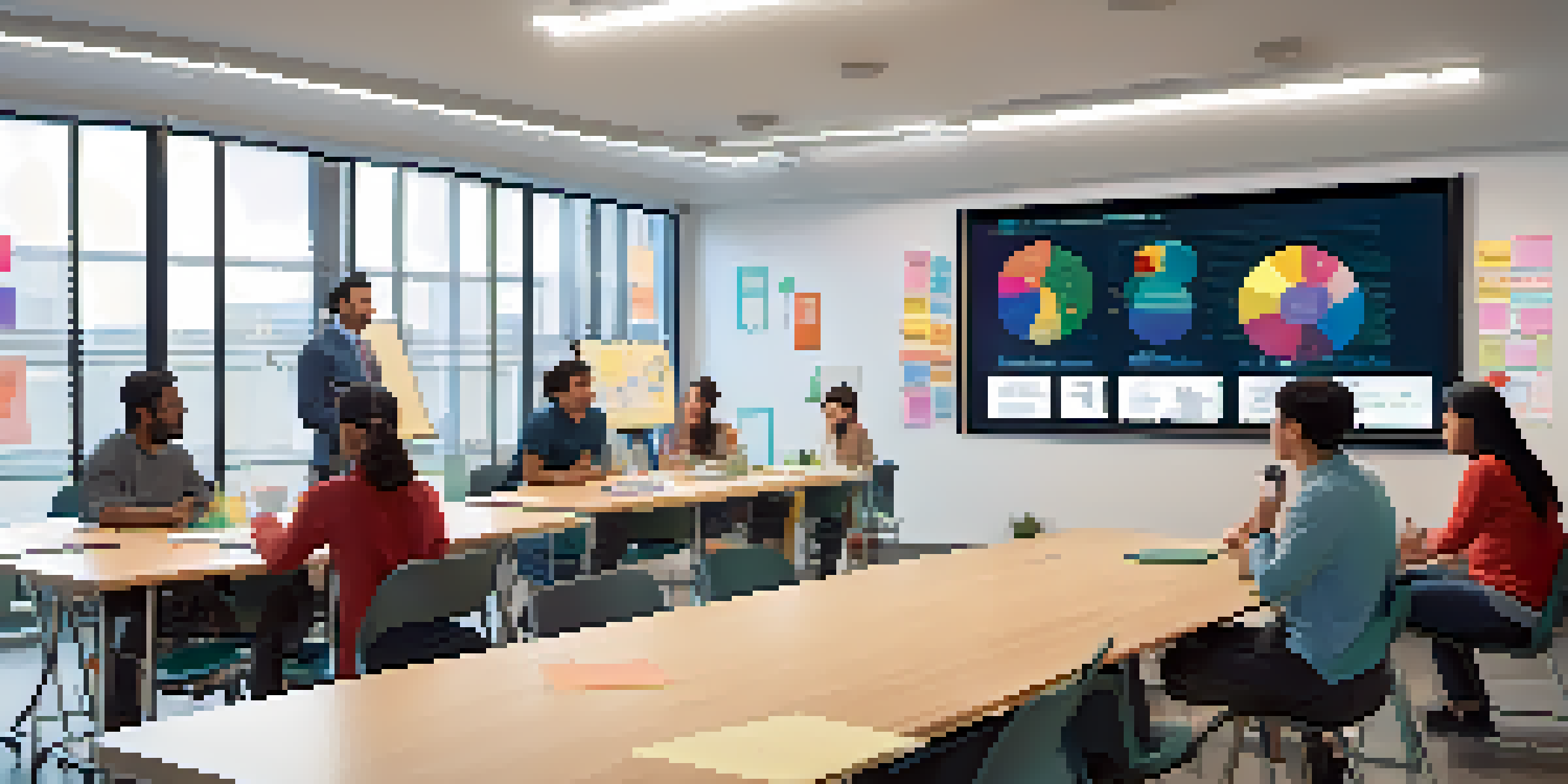 A diverse group of learners engaged in an animated discussion around a table in a bright classroom, with a digital screen showing a video.