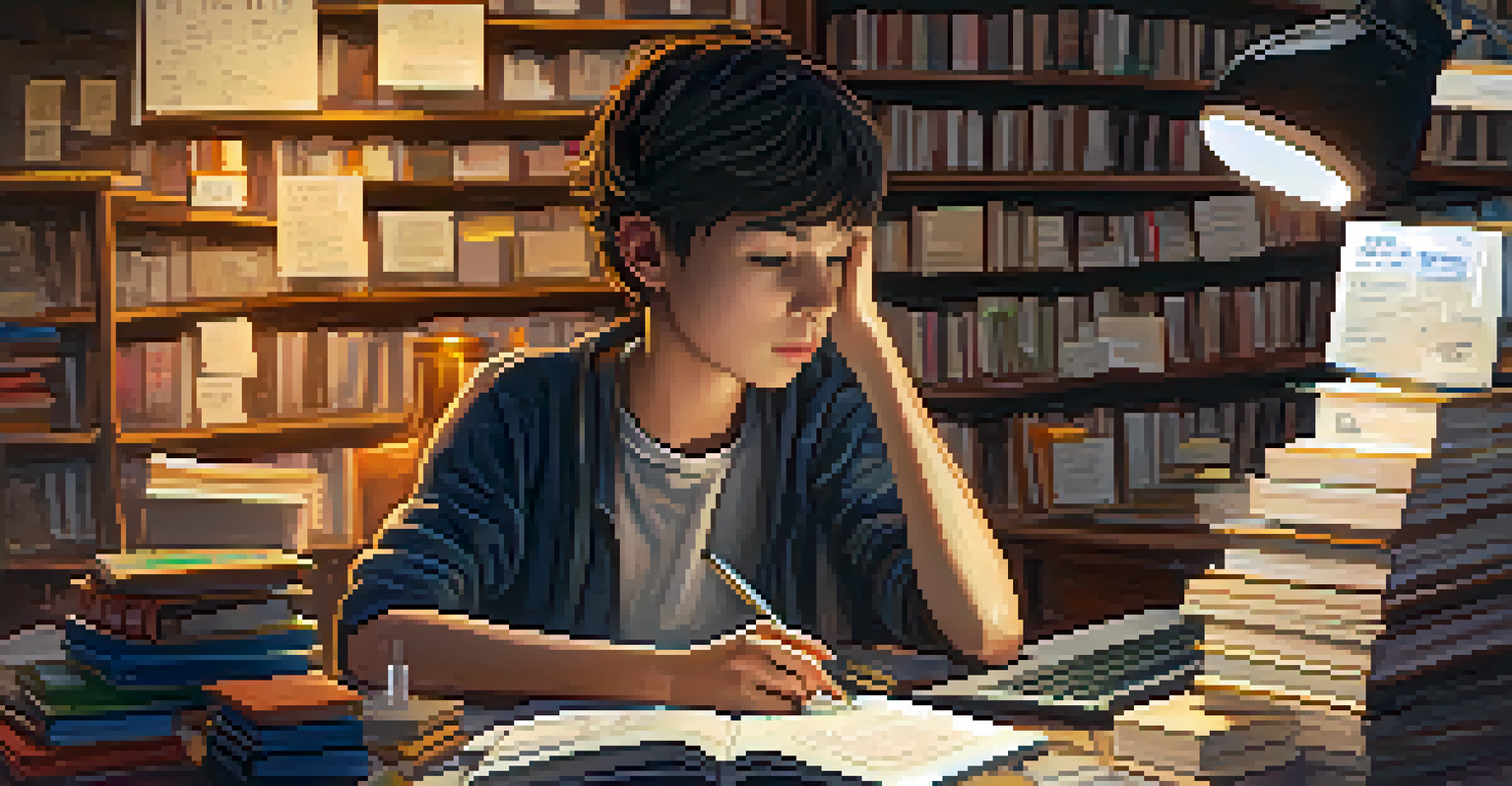A close-up of a teenager at a desk, reflecting on their thoughts while surrounded by books and a laptop, with a warm desk lamp lighting the scene.